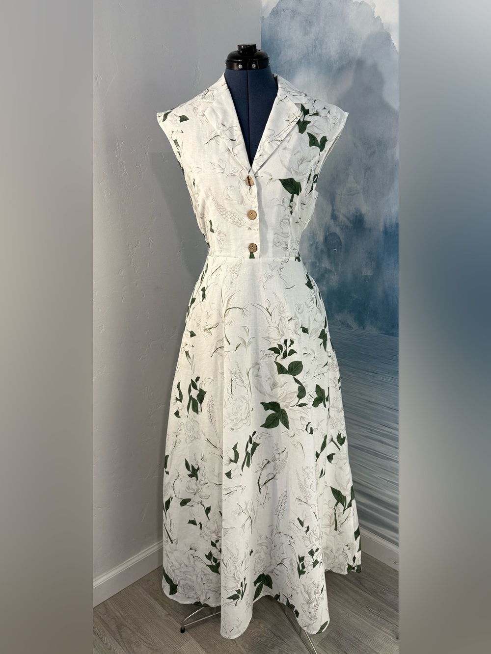 Sleeveless White Maxi Dress with Green Floral Print #347